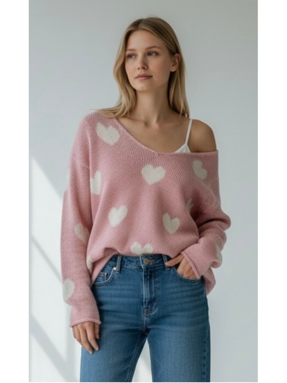 Wooden Ships Anthropologie Besotted Heart Open Knit Sweater Small Pink/White